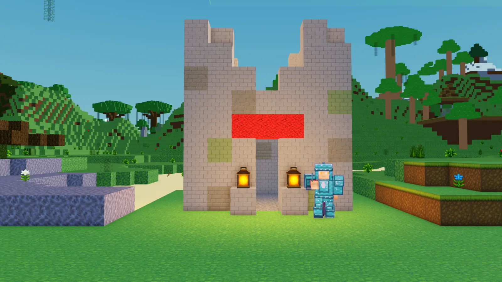 Day 30: a stone keep with lanterns and a red banner on the same patch of grass.
