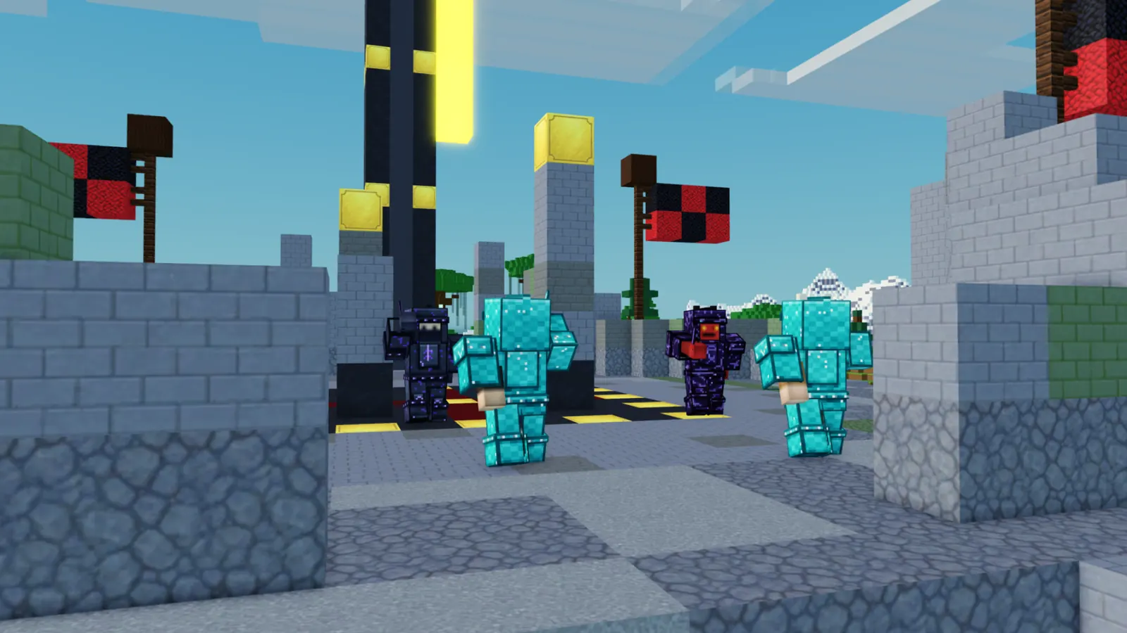 Players in diamond and obsidian armor on the King of the Hill plate, under its gold beacon.