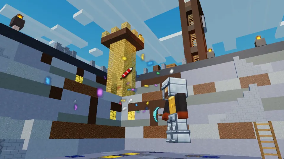 A Lucky Block bursting open in The Pit as a miner swings at it.