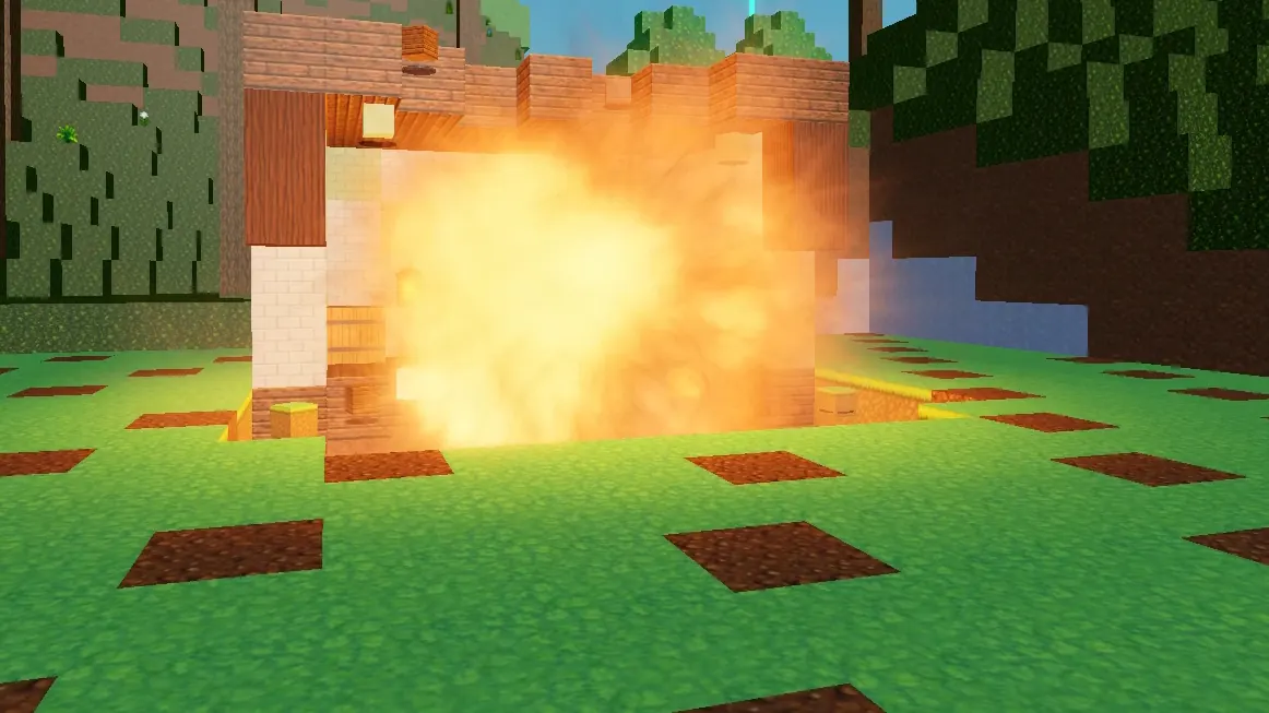 TNT going off inside a wooden base and blowing out its front wall.